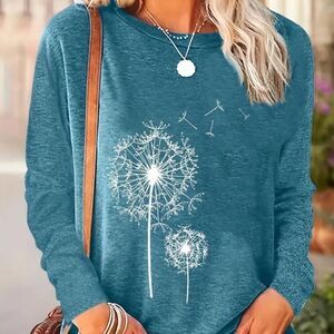 Woman's Long Sleeve Dandelion Print Crew Neck T-Shirt Color Green Size Large